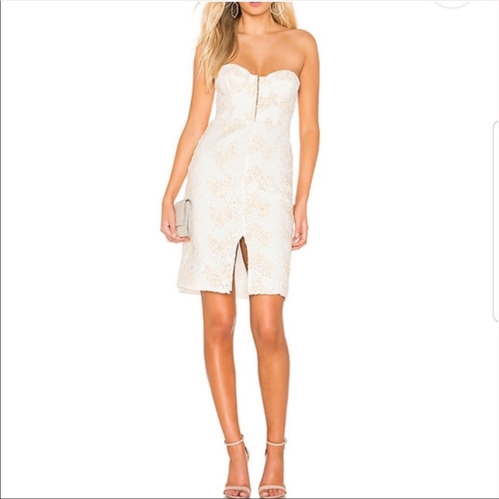 NBD bustier white lace dress with gold accent